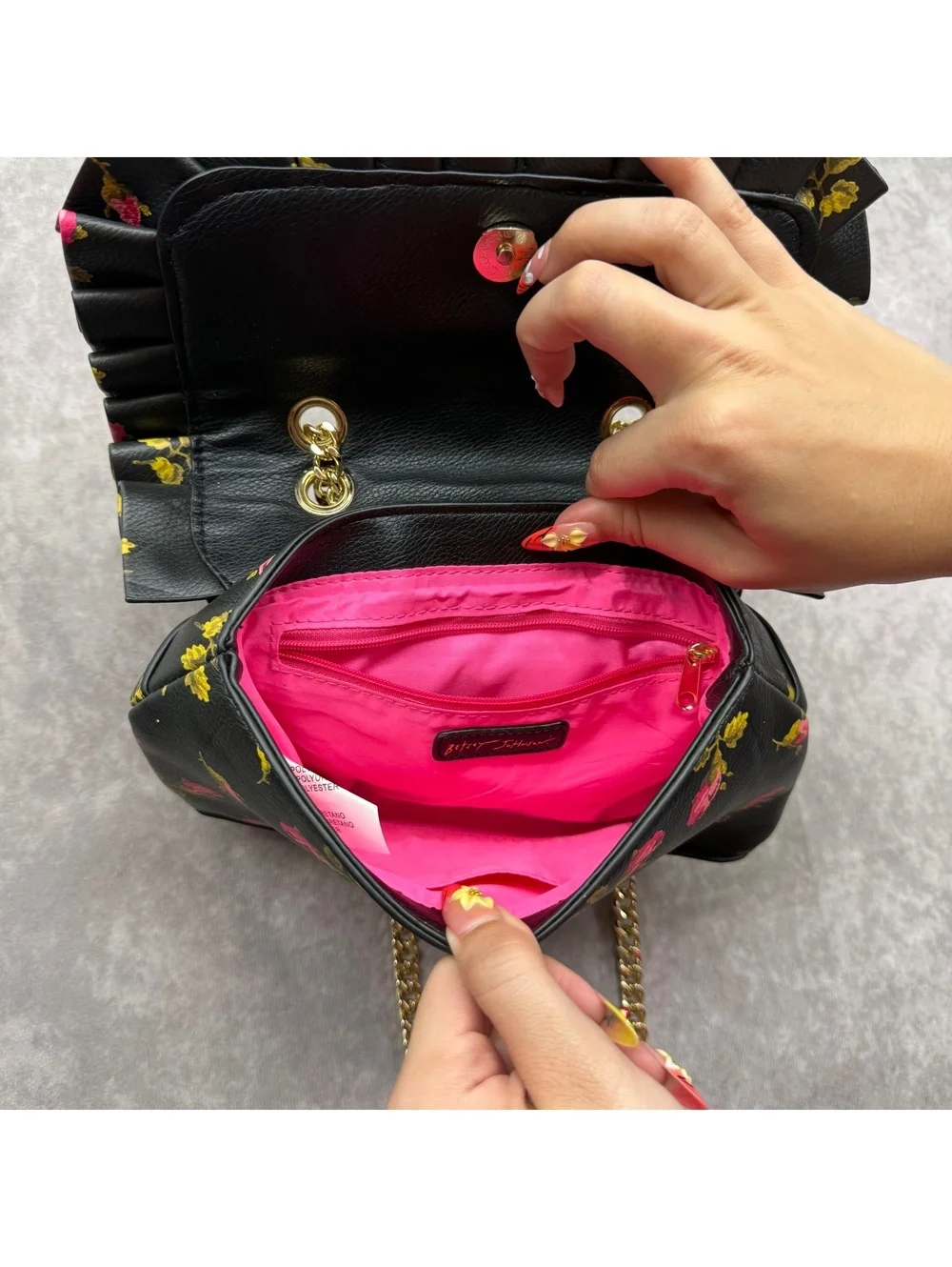 Betsey Johnson Black Floral Rose Print Ruffle Shoulder Bag Chain Crossbody